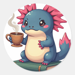 Chagrijnige Axolotl Koffieliefhebber Kawaii Axolot Ronde Sticker