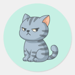 Chagrijnige grijze gestreepte kat op groen ronde sticker