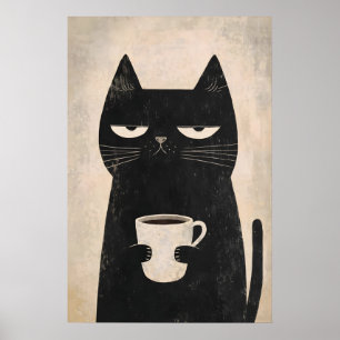 Chagrijnige Kat Coffee Poster, Minimalistische Zwa Poster