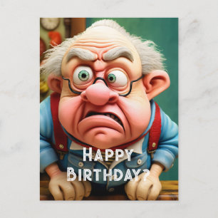 Chagrijnige ongelovige oude man die verjaardag in briefkaart