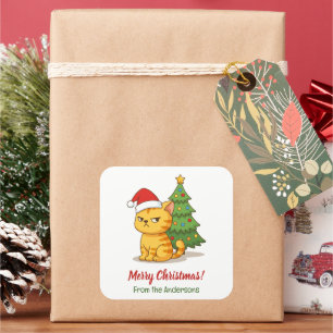 Chagrijnige Oranje Lapjeskat Rode Kerstmuts Kerstb Vierkante Sticker