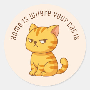 Chagrijnige oranje tabby kat aangepaste tekst beig ronde sticker