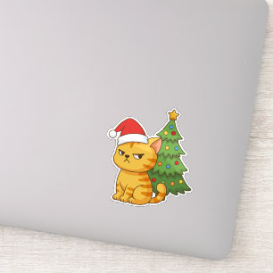 Chagrijnige oranje tabby kat rode kersthoed kerstb sticker