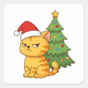 Chagrijnige oranje tabby kat rode kersthoed kerstb vierkante sticker