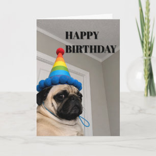 Chagrijnige Pug met Regenboog Verjaardagsfeesthoed Kaart