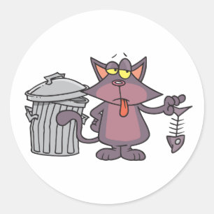 Chagrijnige Tekenfilmkat Eet Visskelet Ronde Sticker