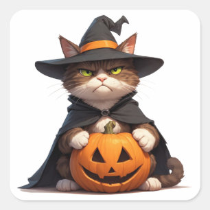 Chagrijnige Zwarte Kat Houdt Pompoen Vast Voor Hal Vierkante Sticker