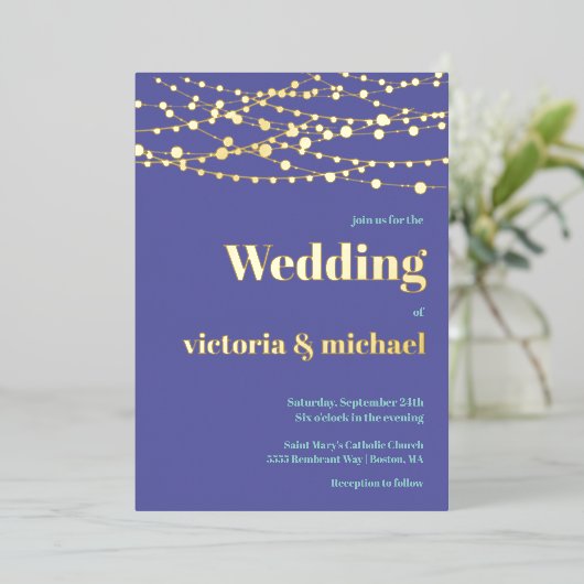 Chaîne de lumières Moderne Mariage Foil Invitation (Debout devant)