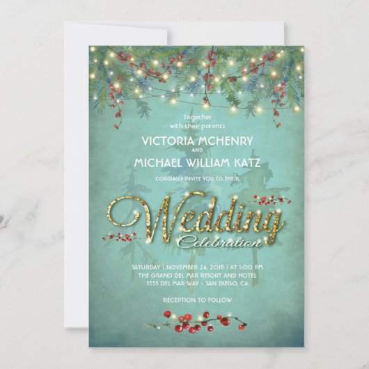 Chaîne d'hiver lumières branches feu Mariage Carte (Devant)