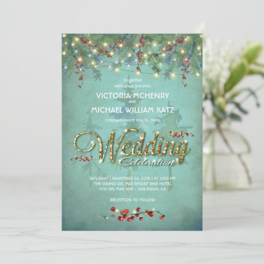 Chaîne d'hiver lumières branches feu Mariage Carte (Debout devant)