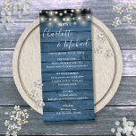 Chaîne Lights Rustic Blue Wood Menu Mariage<br><div class="desc">Carte de menu Rustique mariage avec de jolies lampes à cordes et des noms de style signature,  cette carte de menu élégant peut être personnalisée avec vos informations en lettrage blanc chic sur un arrière - plan de panneaux de bois bleu. Conçu par Thisisnotme©</div>