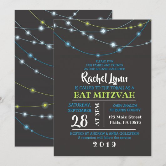 CHAÎNES D'ÉTOILES Invitation Bar Mitzvah (Devant / Derrière)