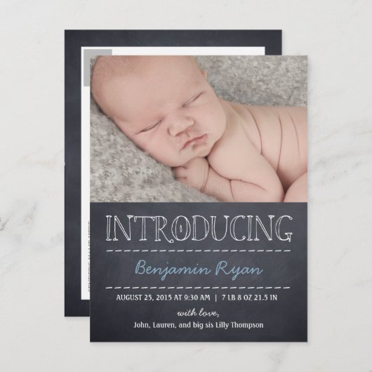 Chalboard Look Faire-part de naissance - Bleu (Devant / Derrière)