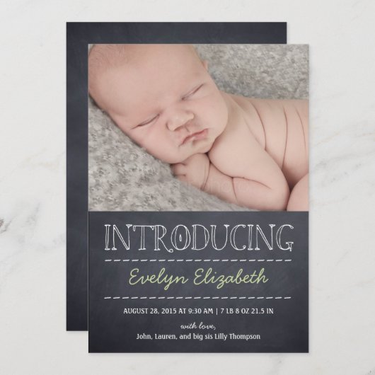 Chalboard Look Faire-part de naissance - Vert (Devant / Derrière)