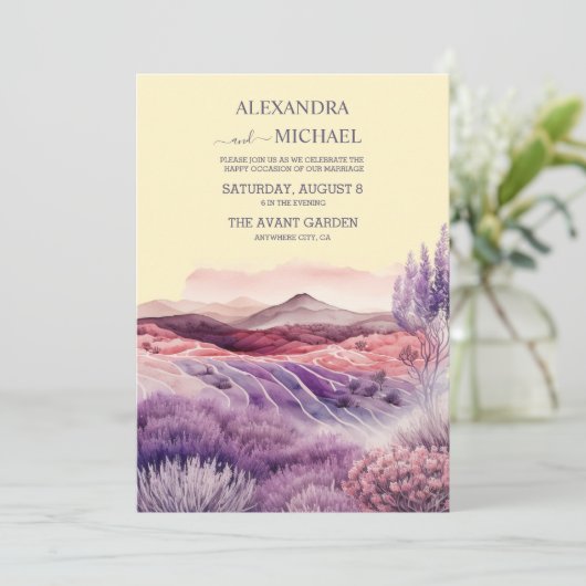 Chalet rustique Faire-part de mariage lavande viol (Debout devant)