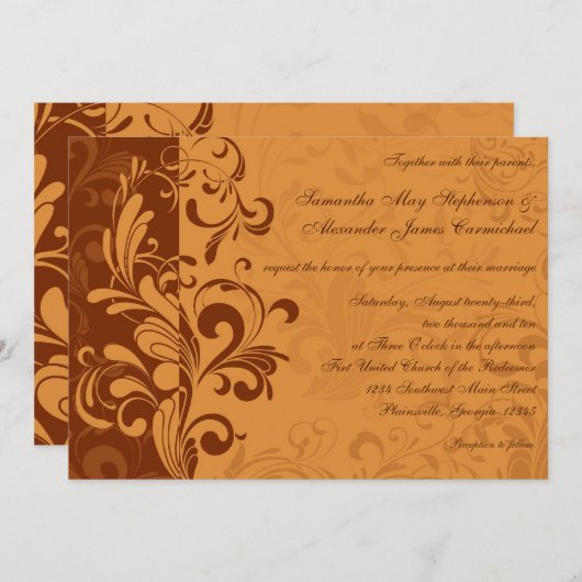Chaleureux Golden Autumn Swirl Mariage Invitations (Devant / Derrière)