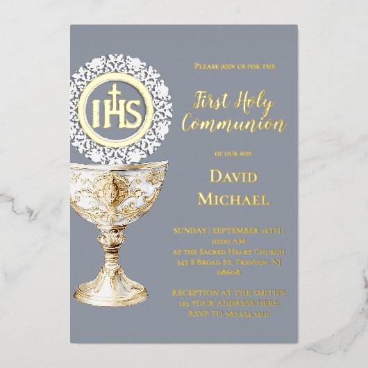 Chalice Host First Communion Folie Uitnodiging (Voorkant)