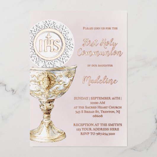 Chalice Host First Communion girl Folie Uitnodiging (Voorkant)