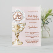 Chalice Host First Communion girl Folie Uitnodiging (Staand Voorkant)