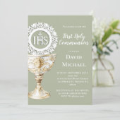 Chalice Host First Communion sage green background Kaart (Staand voorkant)