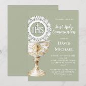 Chalice Host First Communion sage green background Kaart (Voorkant / Achterkant)