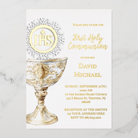 Chalice Host First Holy Communion Folie Uitnodiging (Voorkant)