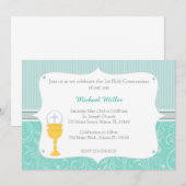 Chalice turquoise eerste Heilige Communie uitnodig Kaart (Voorkant / Achterkant)