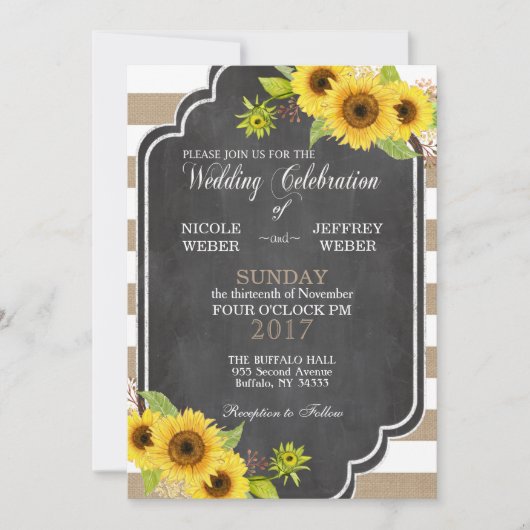 Chalk Burlap Floral Wedding Zonnebloem Uitnodiging (Voorkant)