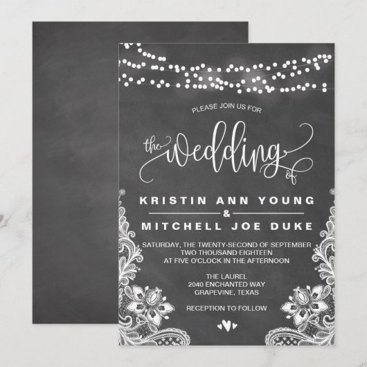 Chalk Hanging Lights en Lace Wedding Invitation Kaart (Voorkant / Achterkant)