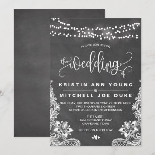 Chalk Hanging Lights en Lace Wedding Invitation Kaart