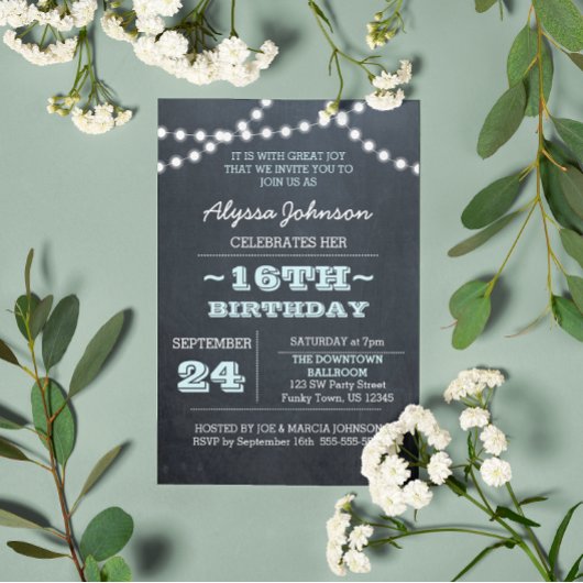 Chalk Lights Aqua 16e anniversaire Invitation