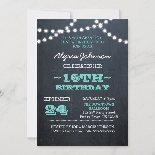 Chalk Lights Turquoise 16e anniversaire Invitation (Devant)