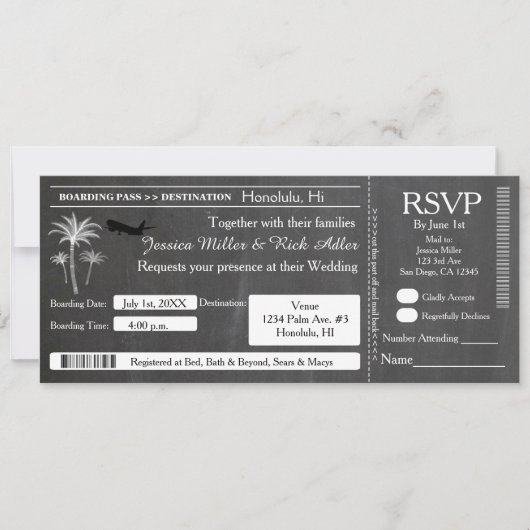 Chalk Wedding Destination Ticket Invitation RSVP Kaart (Voorkant)