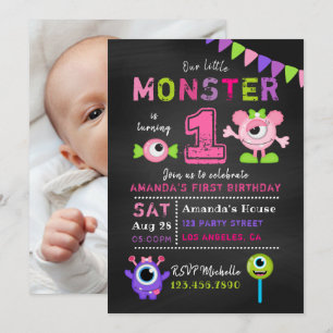 Chalkboard 1st Birthday Little Monster Girl Party Kaart