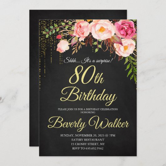 Chalkboard 80e Verrassing Bloemen Vrouwen Verjaard Kaart (Voorkant / Achterkant)