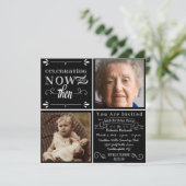 Chalkboard 90th Birthday Square Photo Invitation Kaart (Staand voorkant)