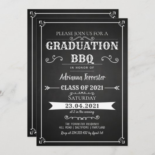  Chalkboard Afstuderen BBQ Uitnodiging (Voorkant / Achterkant)