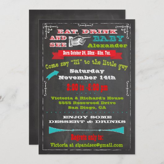 Chalkboard Baby Faire-part Sip et voir Invitations (Devant / Derrière)