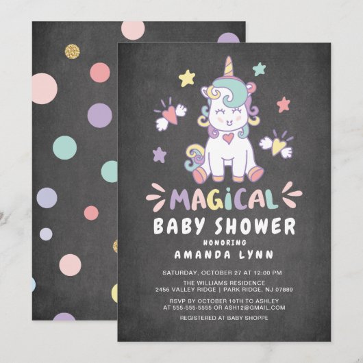 Chalkboard Baby shower magique Unicorn Invitation (Devant / Derrière)