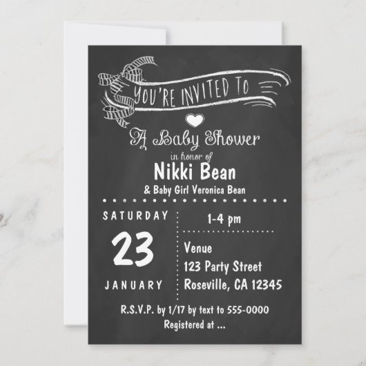 Chalkboard Baby shower Zebra Bow Chic Invitations (Devant)
