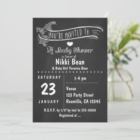 Chalkboard Baby shower Zebra Bow Chic Invitations (Debout devant)
