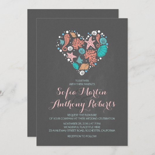 Chalkboard Beach bruiloft uitnodiging zee Hart (Voorkant / Achterkant)