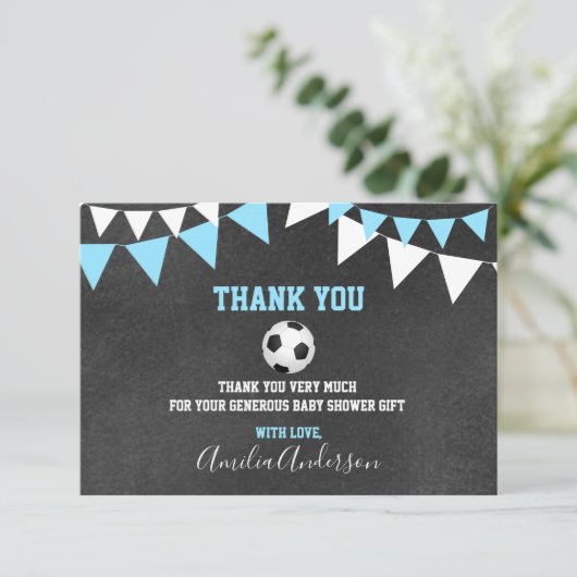 Chalkboard BEDANKT U Blue SOCCER BOY baby shower (Staand voorkant)
