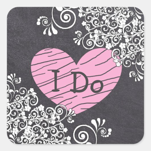 Chalkboard Black & Pink Heart Weddenkers Vierkante Sticker (Voorkant)