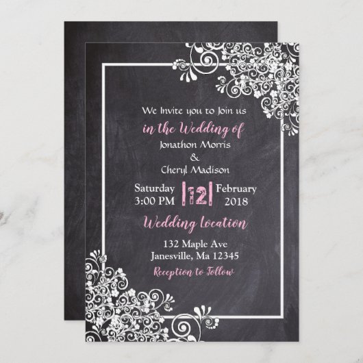 Chalkboard Black & Pink Script Wedding Invitations Kaart (Voorkant / Achterkant)