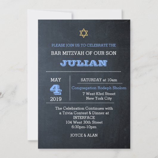 Chalkboard Blauw Grote Naam Bar Mitzvah Kaart (Voorkant)