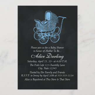 Chalkboard Blue Baby Carriage Baby shower Kaart