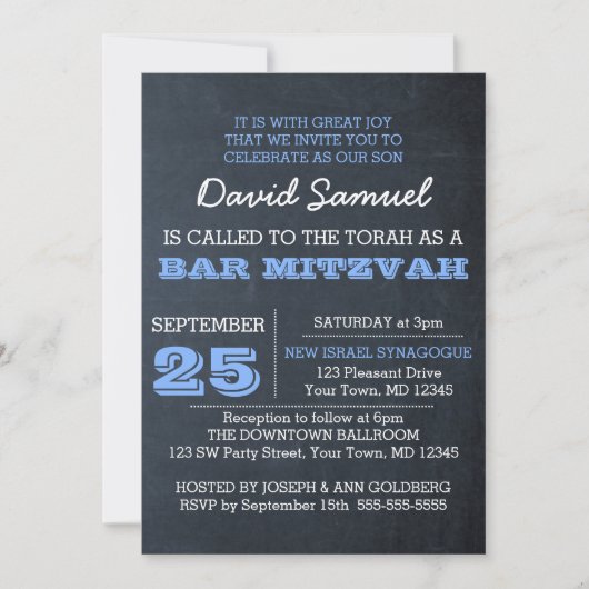 Chalkboard Blue Bar Mitzvah Invitation (Devant)