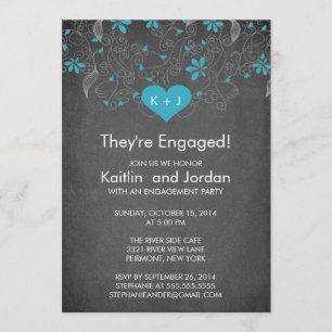 Chalkboard Blue Heart met Flower Engagement Party Kaart