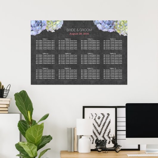 Chalkboard Blue Hydrangea Wedding Seding Chart Poster (Thuiskantoor)